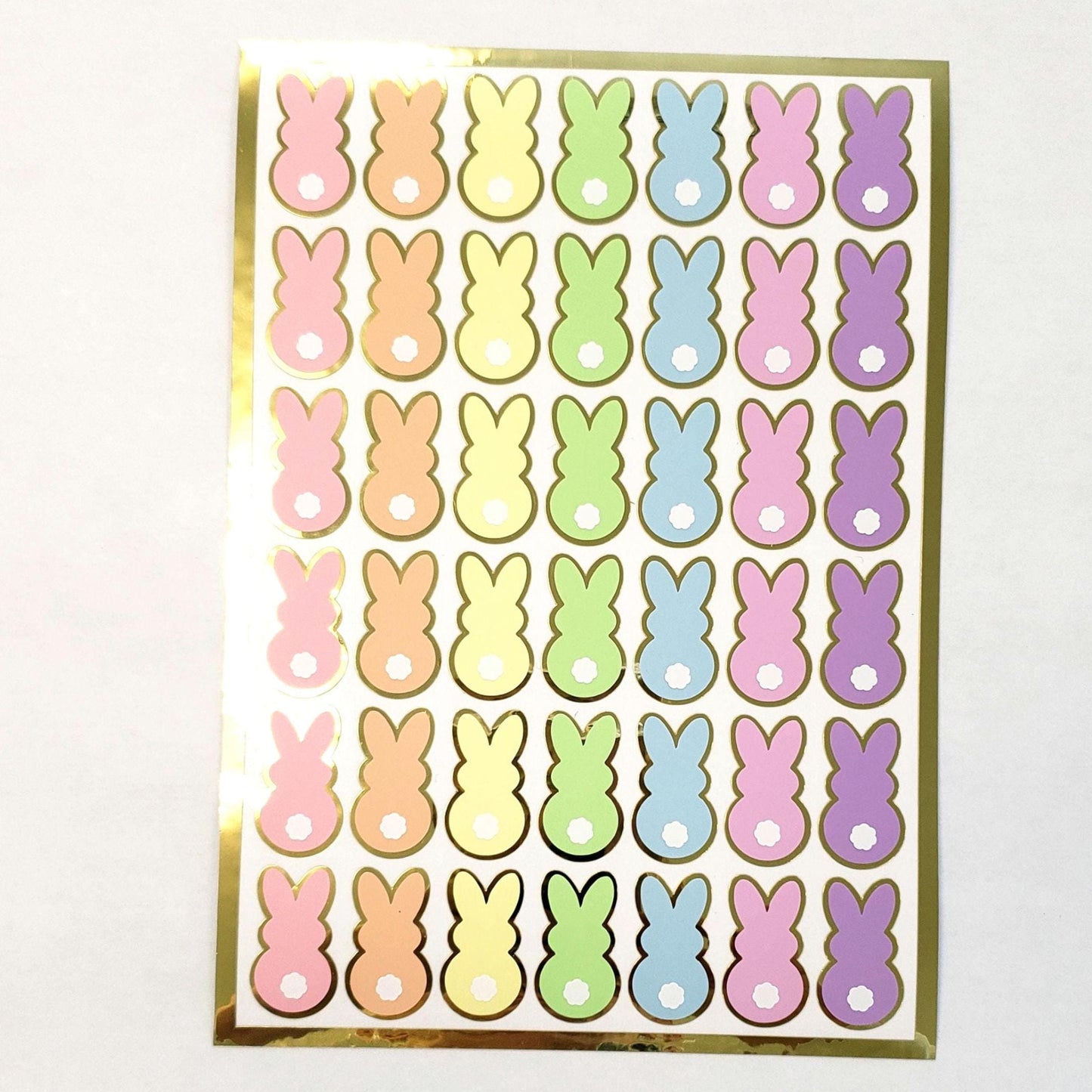 Pastel Rainbow Bunny Stickers, set of 42 Easter Rabbit stickers for spring decor, cards, gift tags and scrapbook pages. Gold outline.