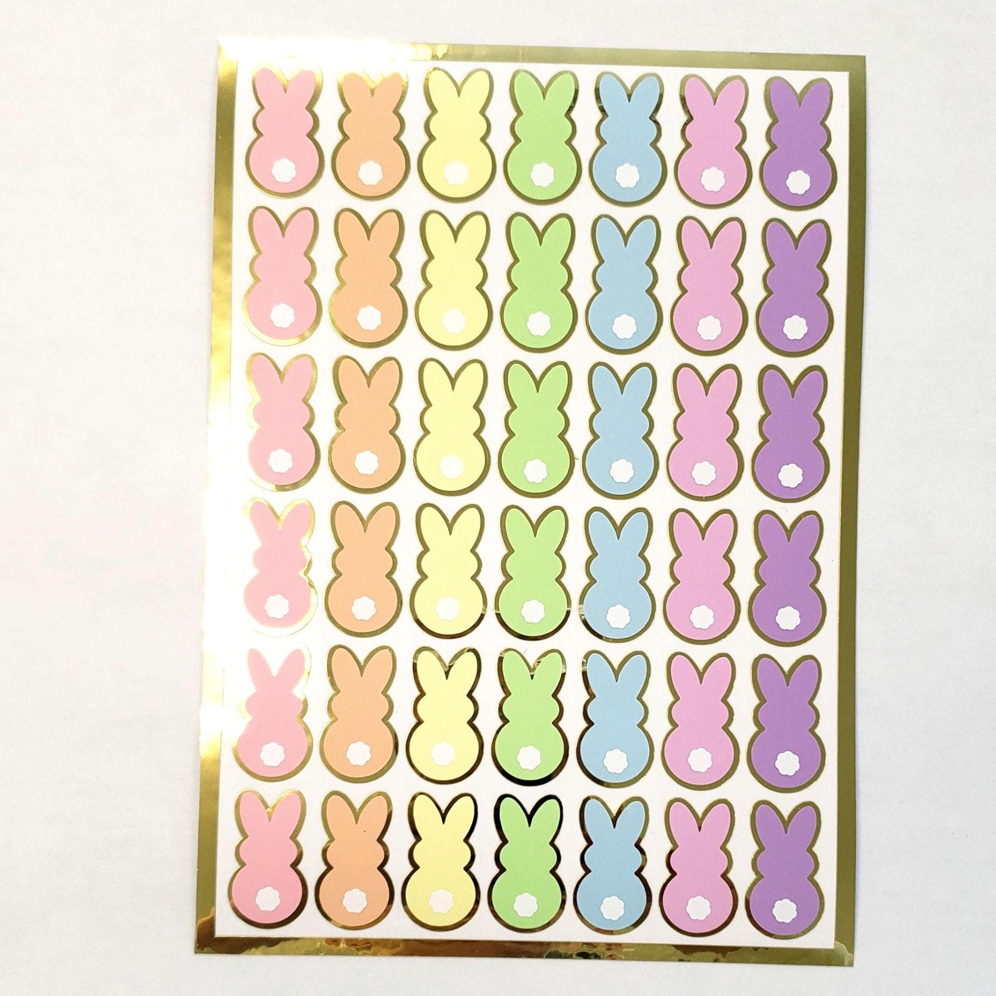 Pastel Rainbow Bunny Stickers, set of 42 Easter Rabbit stickers for spring decor, cards, gift tags and scrapbook pages. Gold outline.