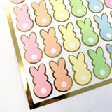 Pastel Rainbow Bunny Stickers, set of 42 Easter Rabbit stickers for spring decor, cards, gift tags and scrapbook pages. Gold outline.