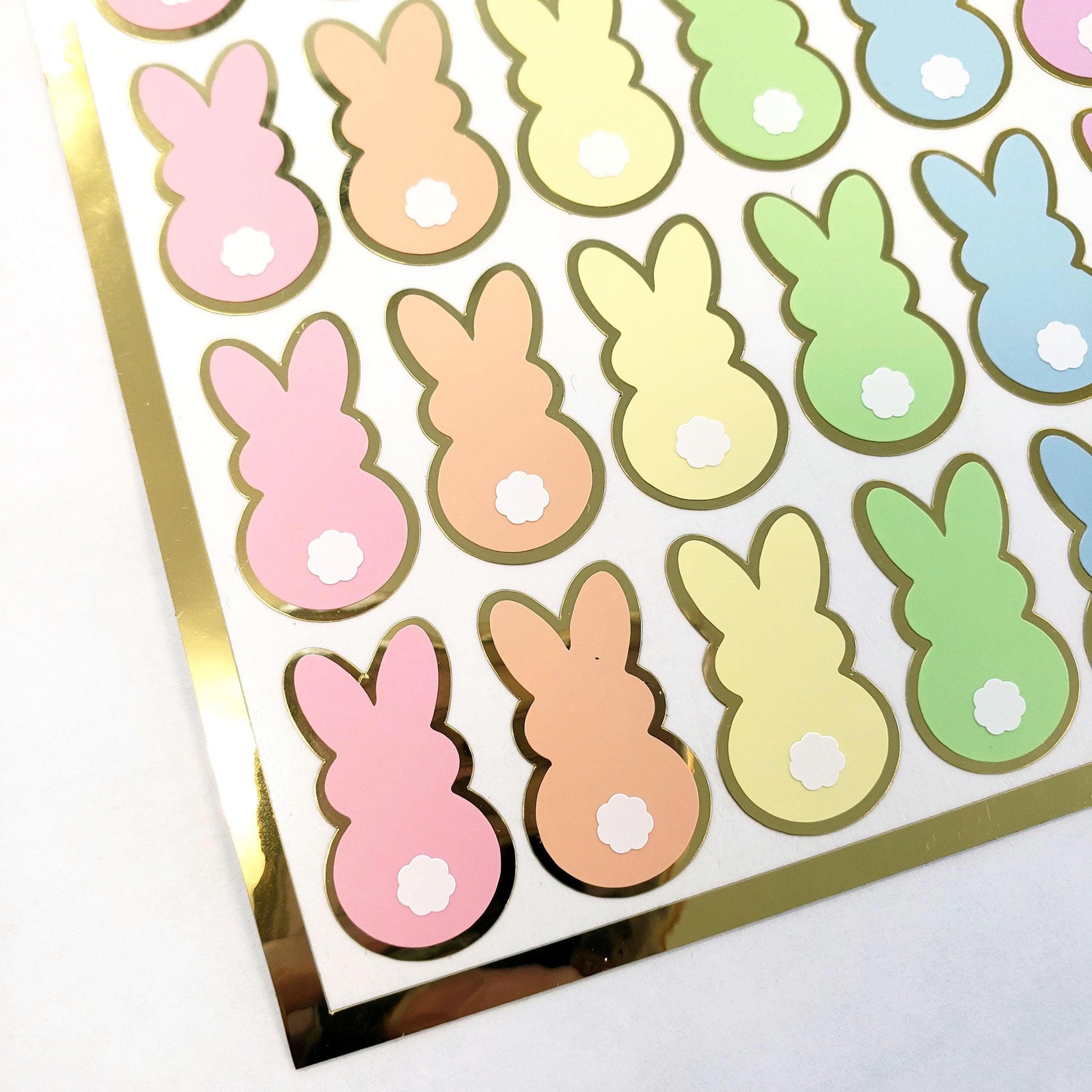 Pastel Rainbow Bunny Stickers, set of 42 Easter Rabbit stickers for spring decor, cards, gift tags and scrapbook pages. Gold outline.
