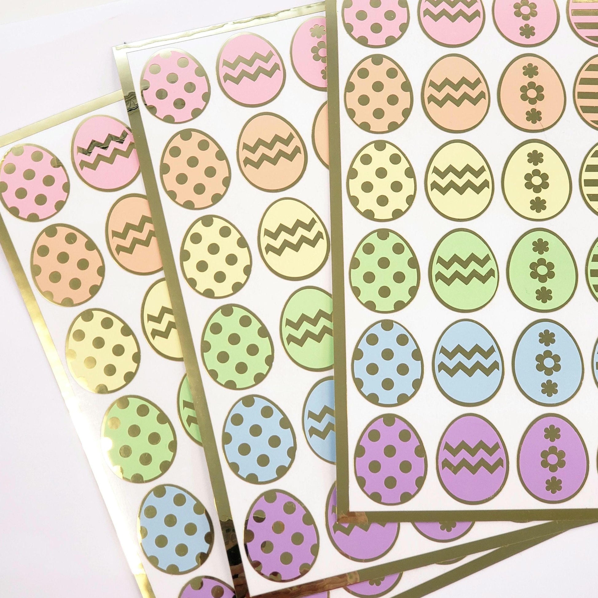 Pretty Pastel Easter Egg Stickers, set of 30 colorful polka dot egg decor for cards, journals and scrapbook embellishments. Gold outline.