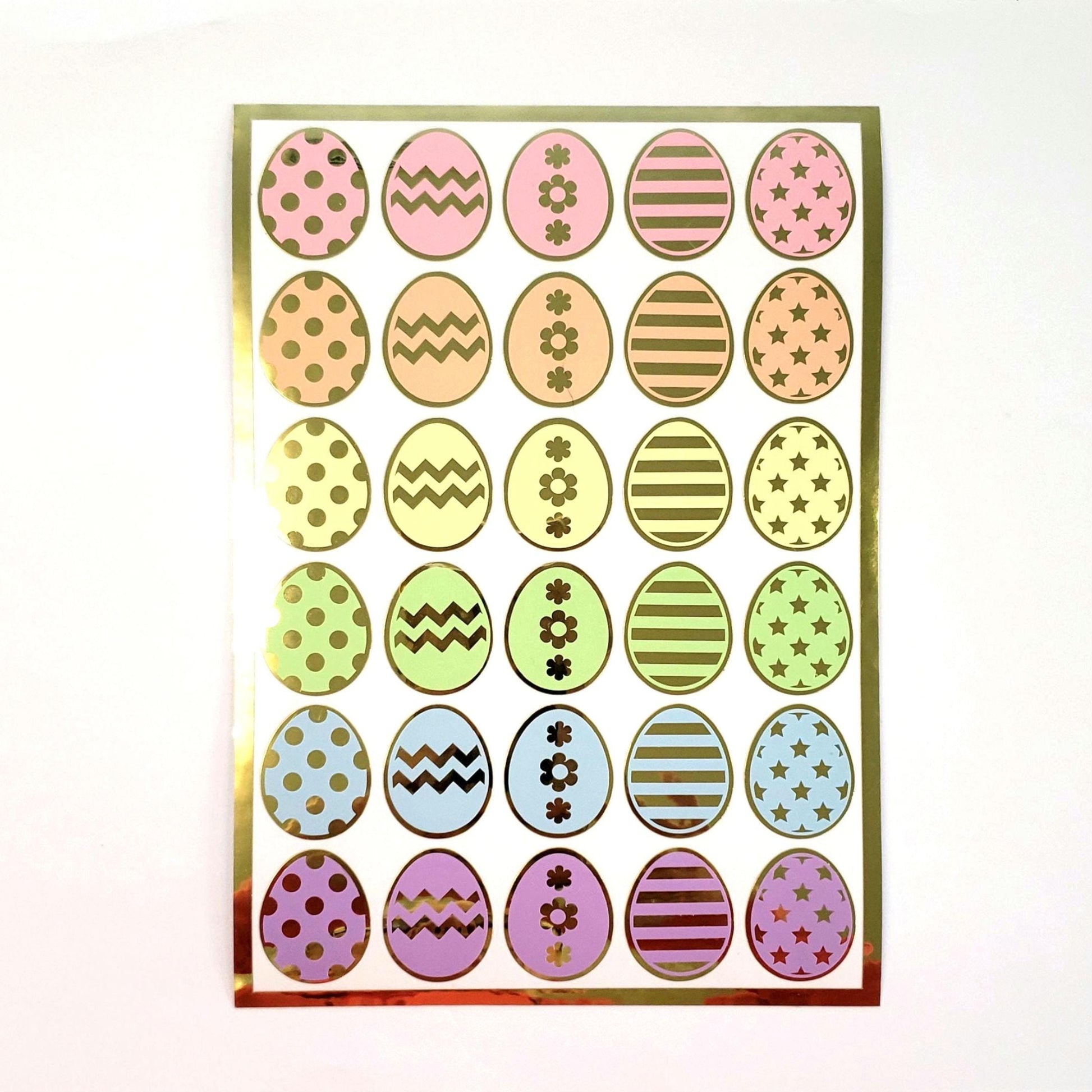 Pretty Pastel Easter Egg Stickers, set of 30 colorful polka dot egg decor for cards, journals and scrapbook embellishments. Gold outline.