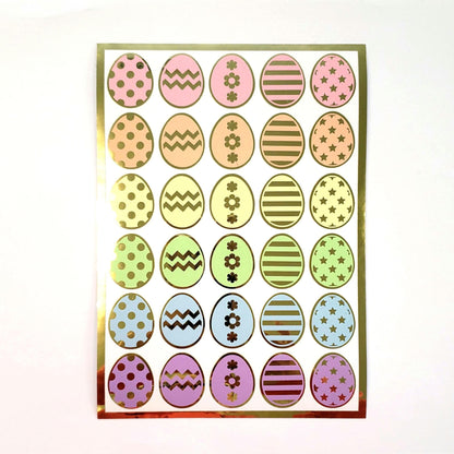 Pretty Pastel Easter Egg Stickers, set of 30 colorful polka dot egg decor for cards, journals and scrapbook embellishments. Gold outline.