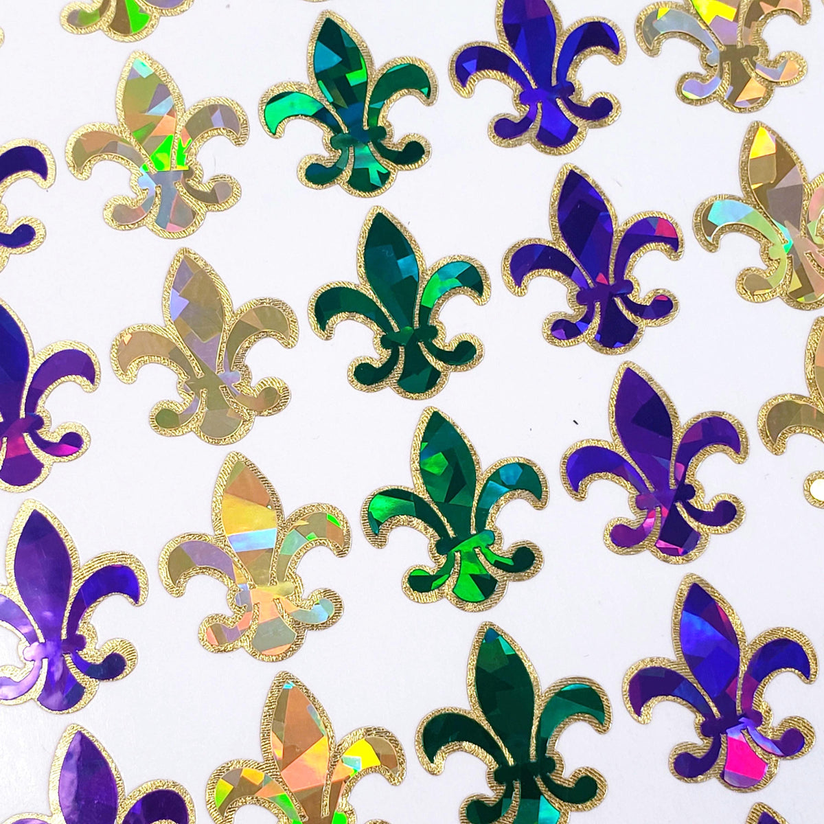 Mardi Gras Stickers, set of 48 purple green and gold French Fleur de Lis sparkly stickers, Louisiana flower symbol, Fat Tuesday stickers.