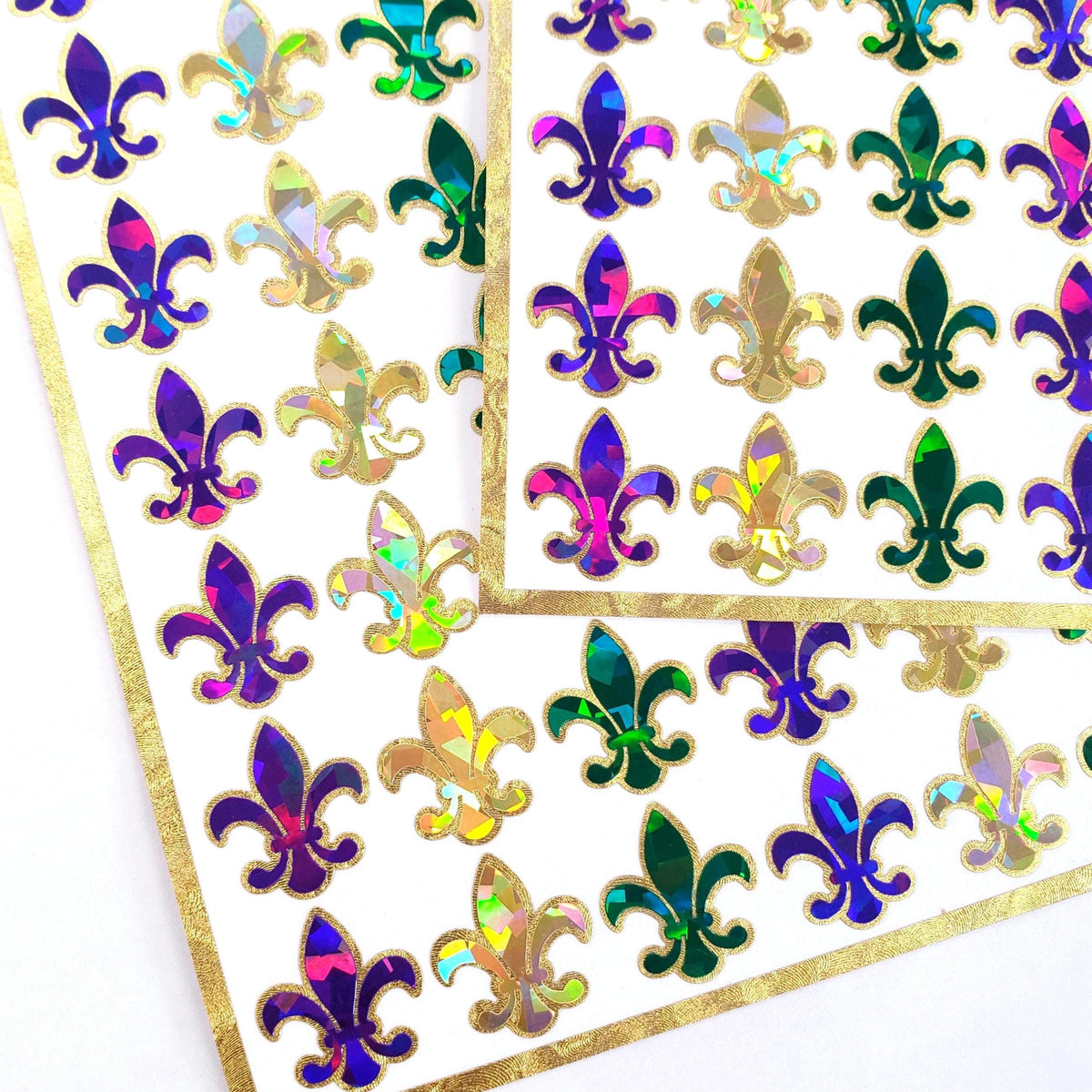 Mardi Gras Stickers, set of 48 purple green and gold French Fleur de Lis sparkly stickers, Louisiana flower symbol, Fat Tuesday stickers.
