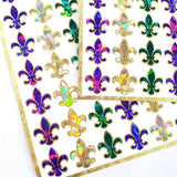Mardi Gras Stickers, set of 48 purple green and gold French Fleur de Lis sparkly stickers, Louisiana flower symbol, Fat Tuesday stickers.