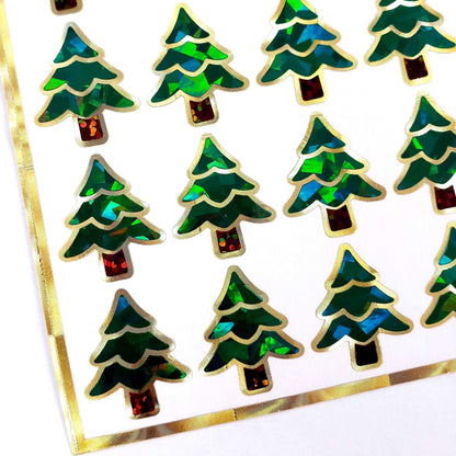 Sparkly Pine Tree Stickers, set of 30 green, brown and gold woodland tree stickers for holiday cards, invitations, envelopes and calendars.