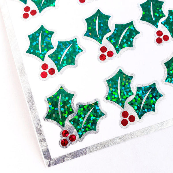 Christmas Holly Stickers, set of 20 sparkly red berry and green holly leaf stickers for holiday decor, gift tags and cards. Silver outline.