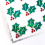 Christmas Holly Stickers, set of 20 sparkly red berry and green holly leaf stickers for holiday decor, gift tags and cards. Silver outline.