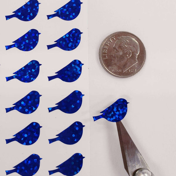 Blue Bird Glitter Stickers, set of 50 small vinyl bird shaped decals