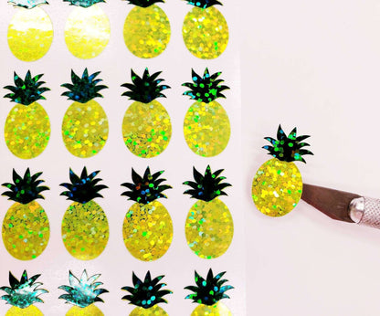 Pineapple Stickers, set of 30 tropical fruit vinyl decals, yellow and green sparkly pineapple drink cup stickers, summer pool party stickers