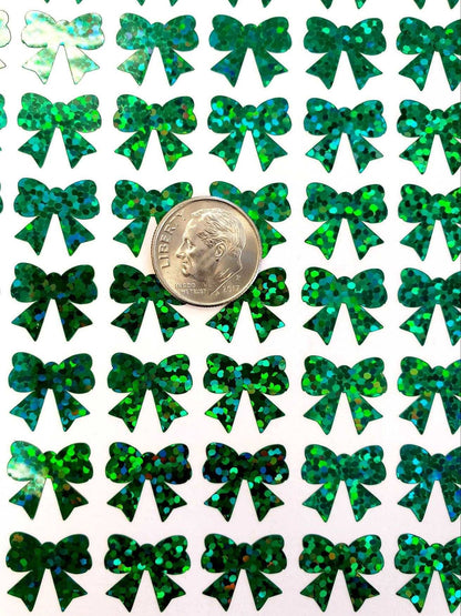 Green Ribbon Stickers, 50 small green glitter bow vinyl decals, decorative stickers for ornaments laptops crafts scrapbooks, Christmas bows