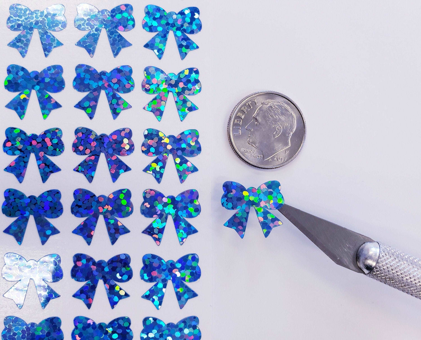 Blue Ribbon Stickers, set of 25, 50 or 100 tiny blue bow vinyl stickers for ornaments, craft projects, junk journals, laptops and envelopes
