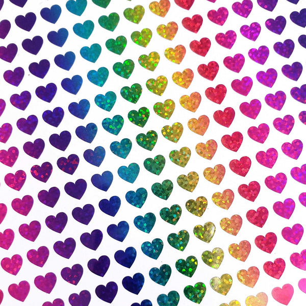 Small Rainbow Hearts Sticker Sheet, set of 285 rainbow glitter hearts.