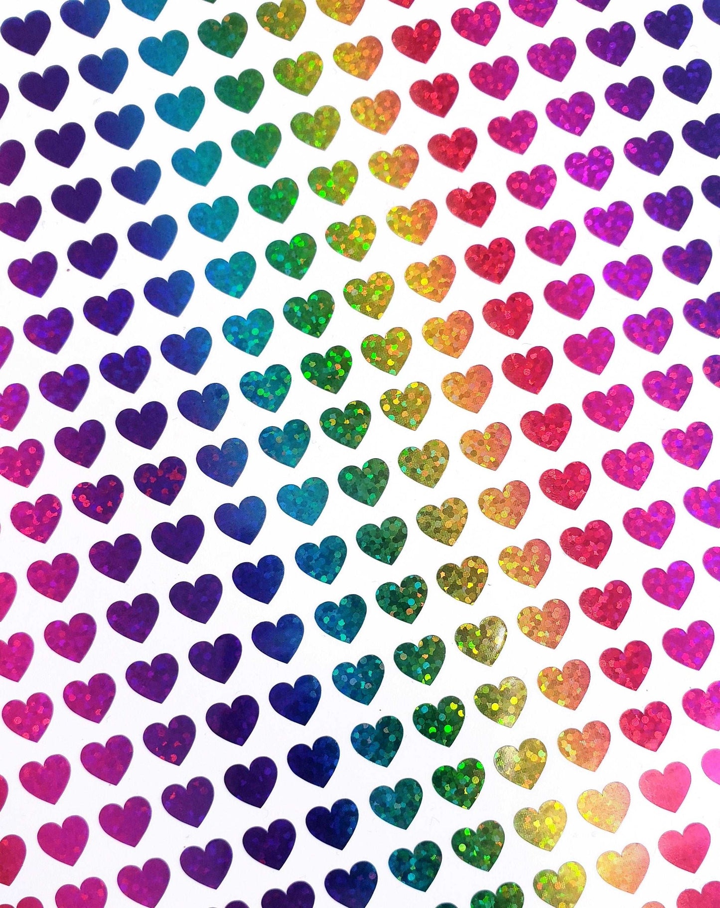 Small Rainbow Hearts Sticker Sheet, set of 285 rainbow glitter hearts.
