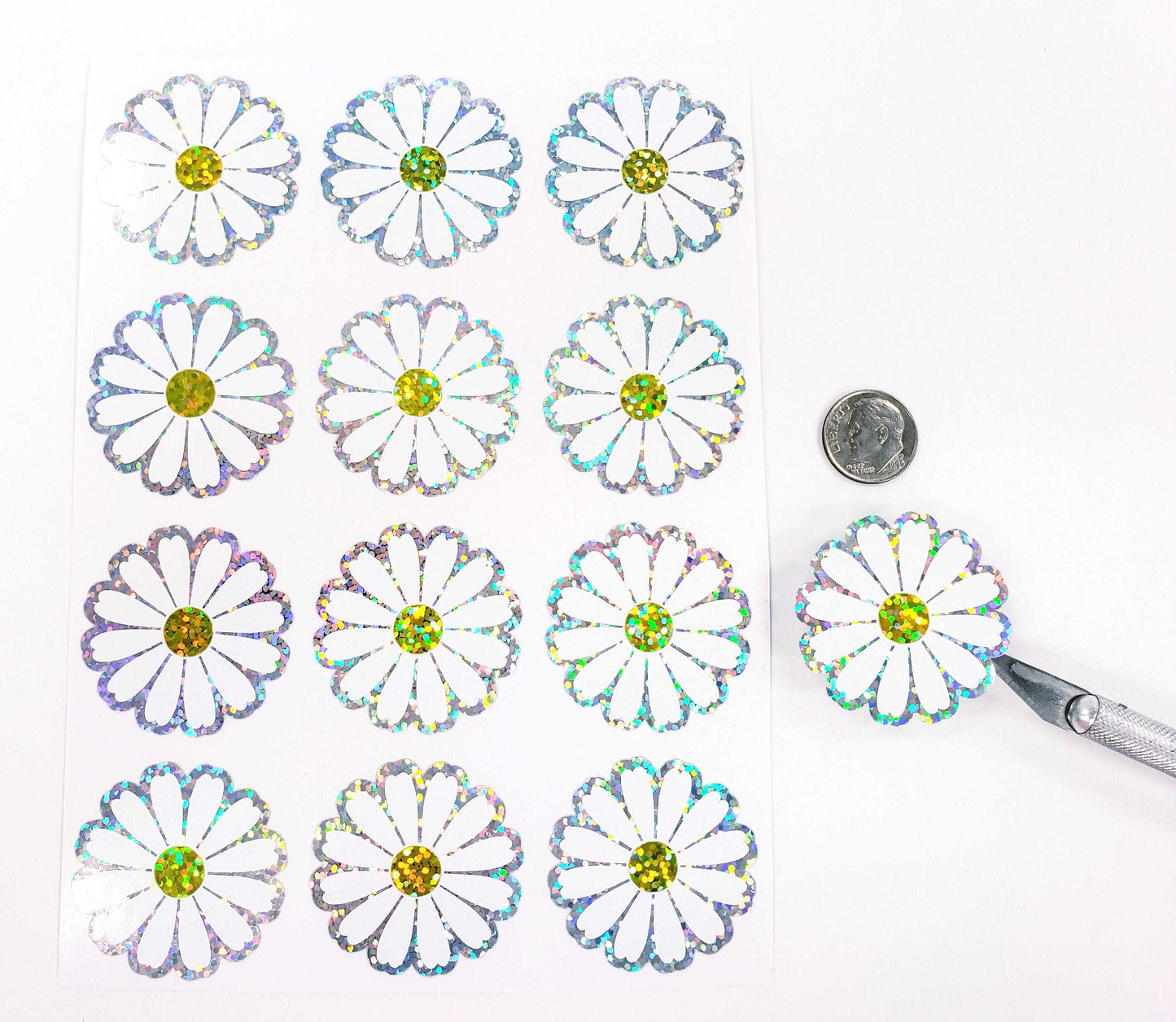 Daisy Stickers, flower water bottle decals, glitter stickers for laptop, daisy birthday party cup stickers, garden wedding envelope seals