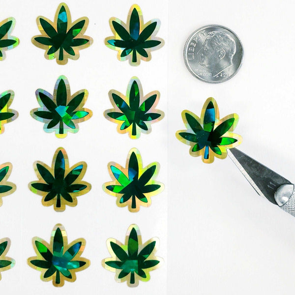 Pot Leaf Stickers, dark green & gold sparkle cannabis leaf decals, waterproof stickers, food warning container label, set of 30