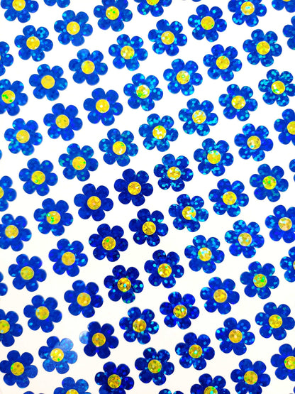 Flower Stickers, set of 25, 50 or 100 blue and yellow sparkly flower stickers for toploader sleeves, envelopes, journals and craft projects.