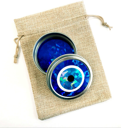 Evil Eye Box, Turkish Nazar blue evil eye round tin container for jewelry and charms, protective amulet good karma