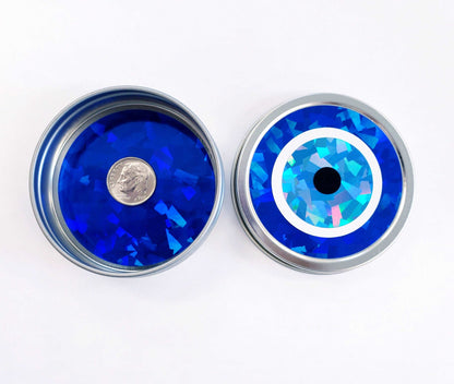 Evil Eye Box, Turkish Nazar blue evil eye round tin container for jewelry and charms, protective amulet good karma
