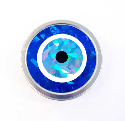 Evil Eye Box, Turkish Nazar blue evil eye round tin container for jewelry and charms, protective amulet good karma