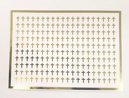 Extra Small Cross Stickers, set of 200 mirror gold religious crosses for envelopes, bible study, church group, block style, gold cross decal