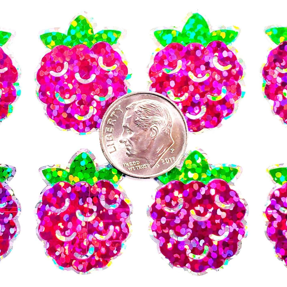 Raspberry Stickers, set of 12 or 24 pink and green summer fruit stickers for envelopes, cards, notebooks, drink cups and craft projects.
