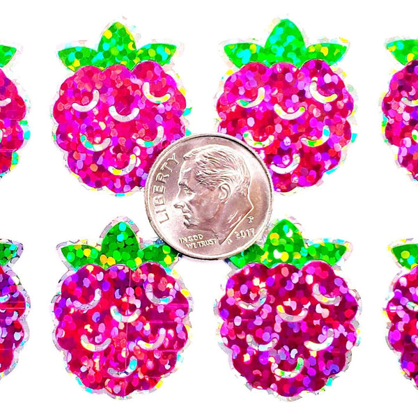 Raspberry Stickers, set of 12 or 24 pink and green summer fruit stickers for envelopes, cards, notebooks, drink cups and craft projects.