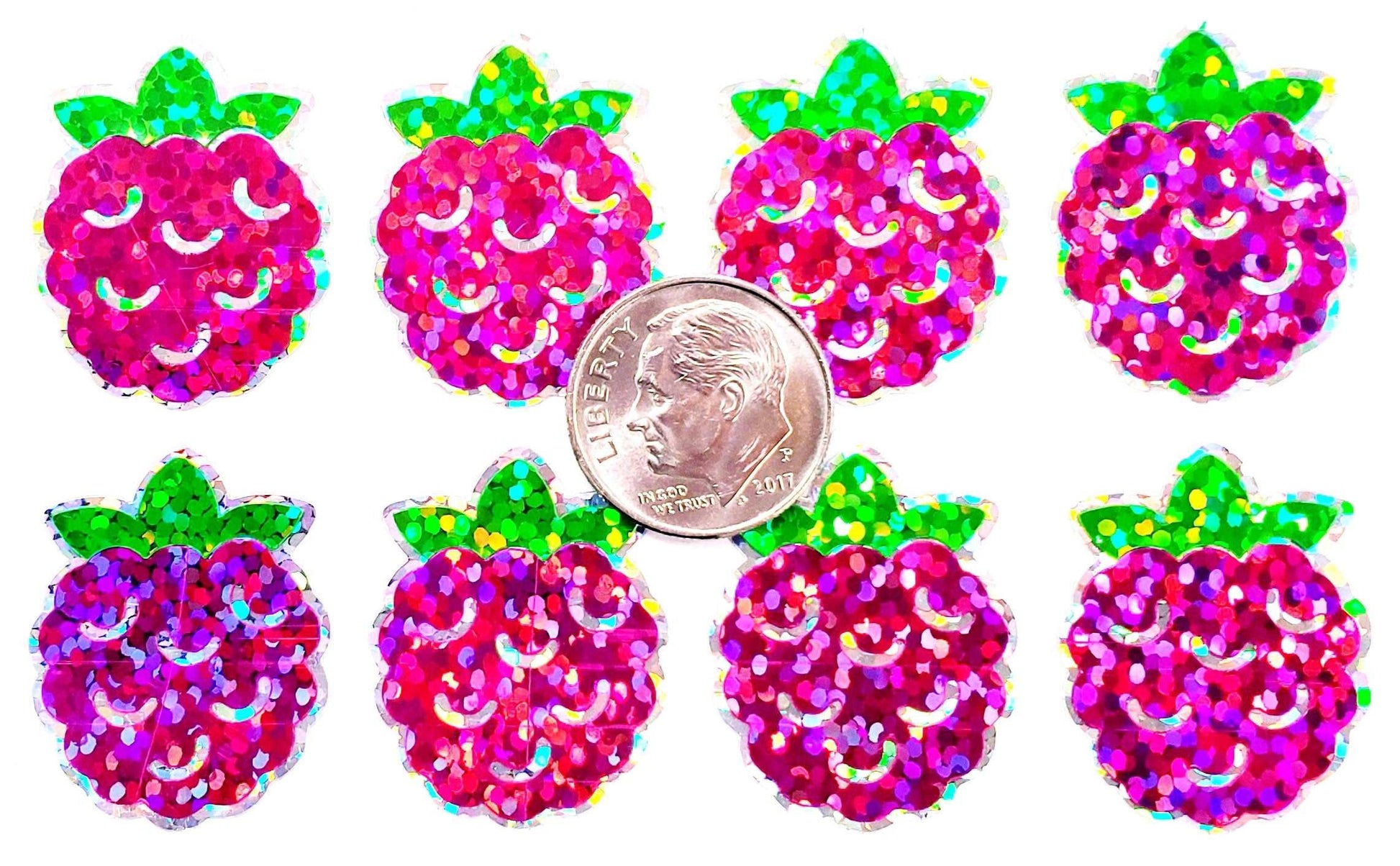 Raspberry Stickers, set of 12 or 24 pink and green summer fruit stickers for envelopes, cards, notebooks, drink cups and craft projects.