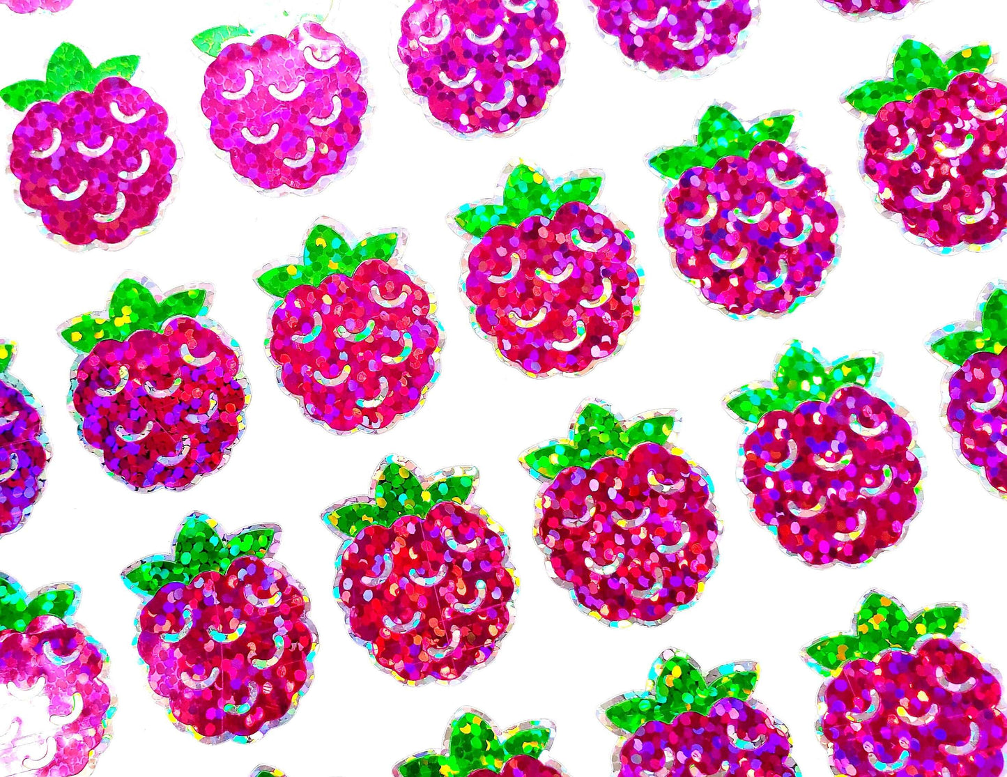 Raspberry Stickers, set of 12 or 24 pink and green summer fruit stickers for envelopes, cards, notebooks, drink cups and craft projects.