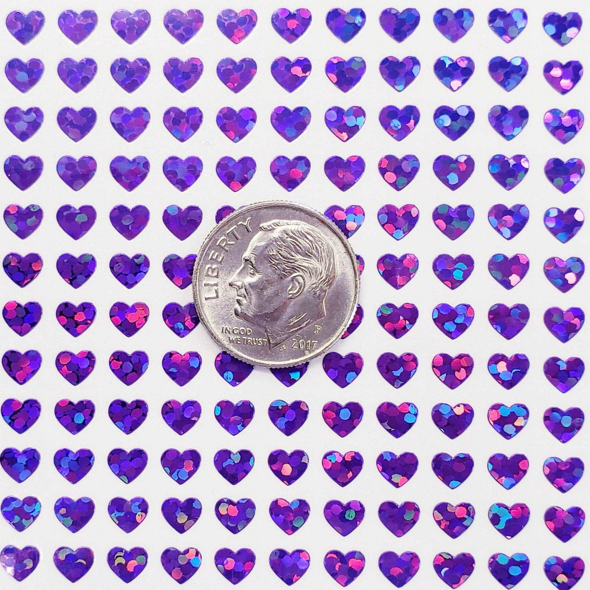 Heart Stickers, set of 640 extra small purple glitter heart stickers for bullet journals, notebooks, toploader card sleeves and planners.