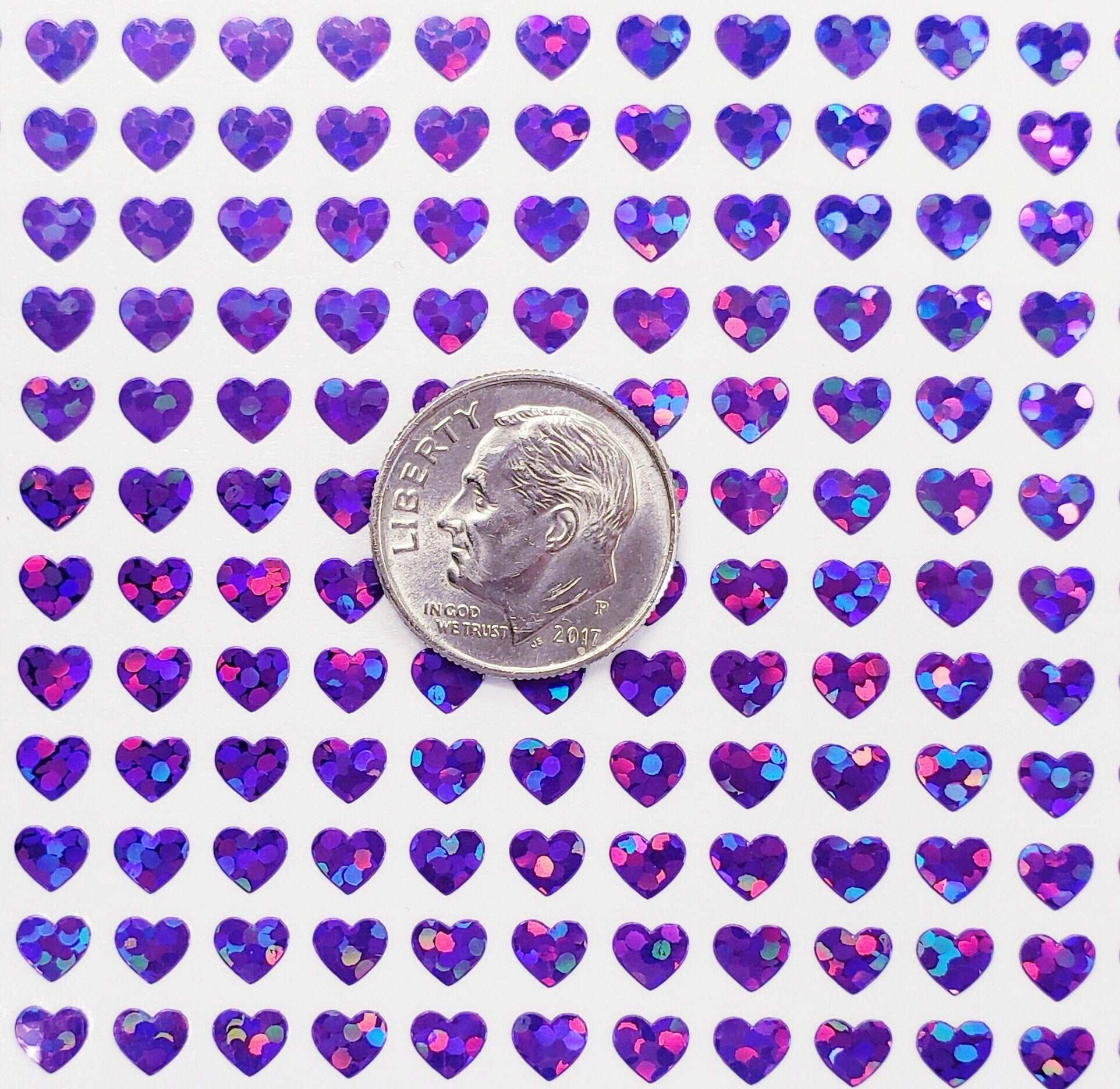 Heart Stickers, set of 640 extra small purple glitter heart stickers for bullet journals, notebooks, toploader card sleeves and planners.