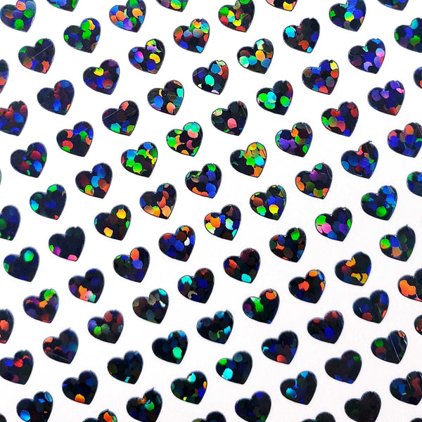 Heart Stickers, set of 640 extra small black glitter holo deco stickers for journals, notebooks, toploader card sleeves and planners.