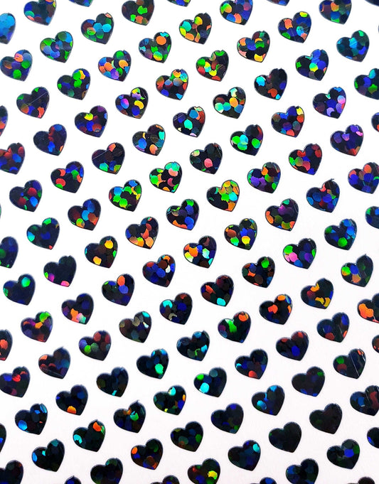 Heart Stickers, set of 640 extra small black glitter holo deco stickers for journals, notebooks, toploader card sleeves and planners.