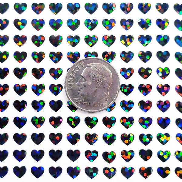 Heart Stickers, set of 640 extra small black glitter holo deco stickers for journals, notebooks, toploader card sleeves and planners.