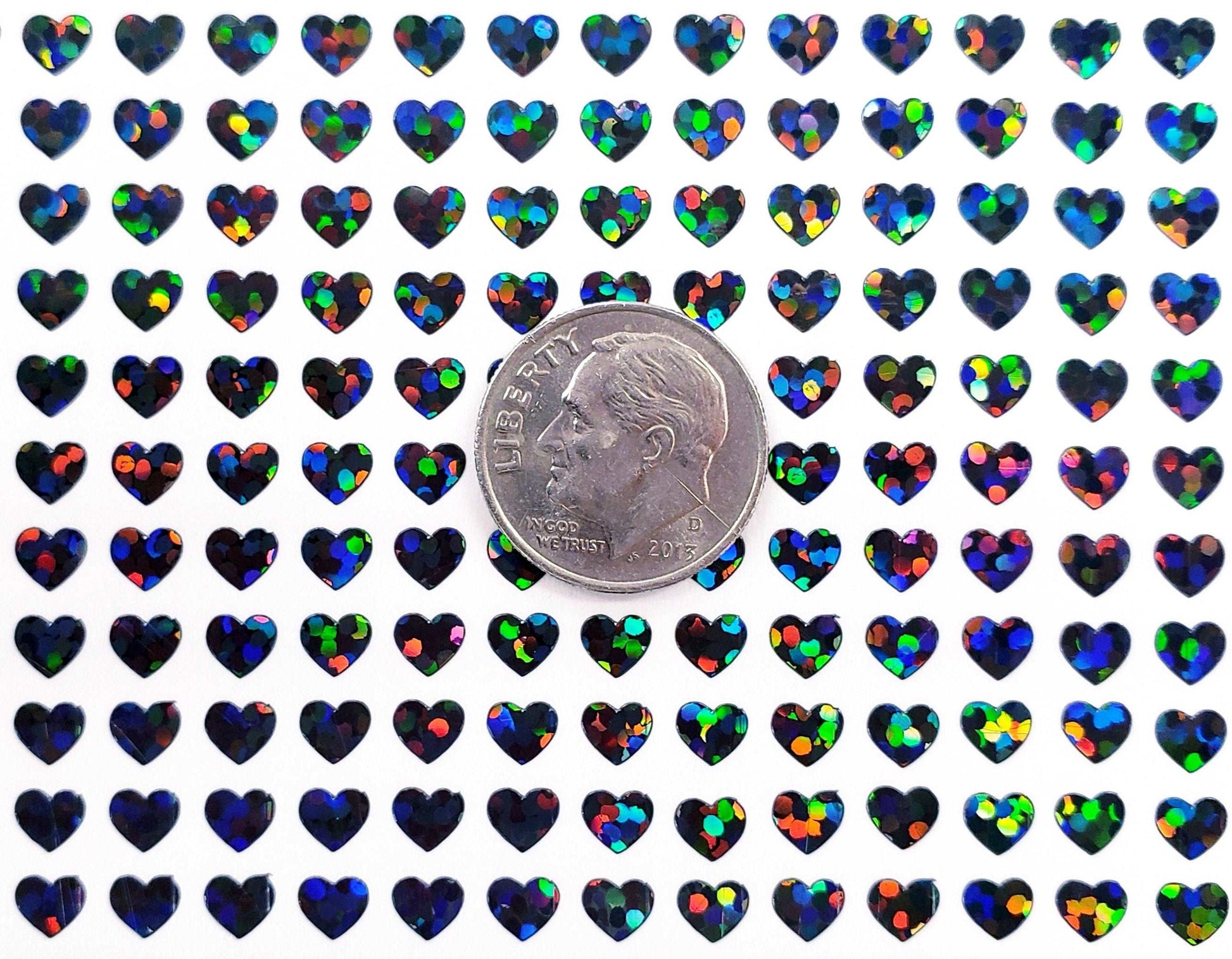 Heart Stickers, set of 640 extra small black glitter holo deco stickers for journals, notebooks, toploader card sleeves and planners.