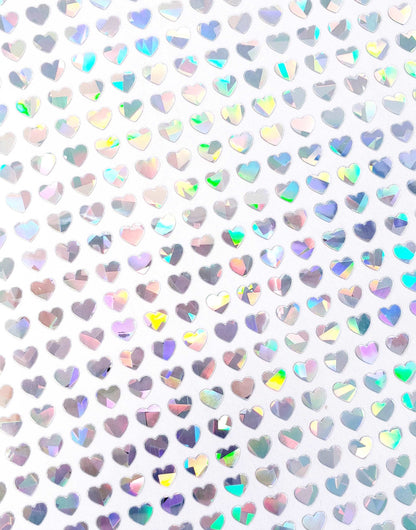 Heart Stickers, set of 640 extra small sparkly holo deco silver heart stickers for journals, notebooks, toploader card sleeves and planners.