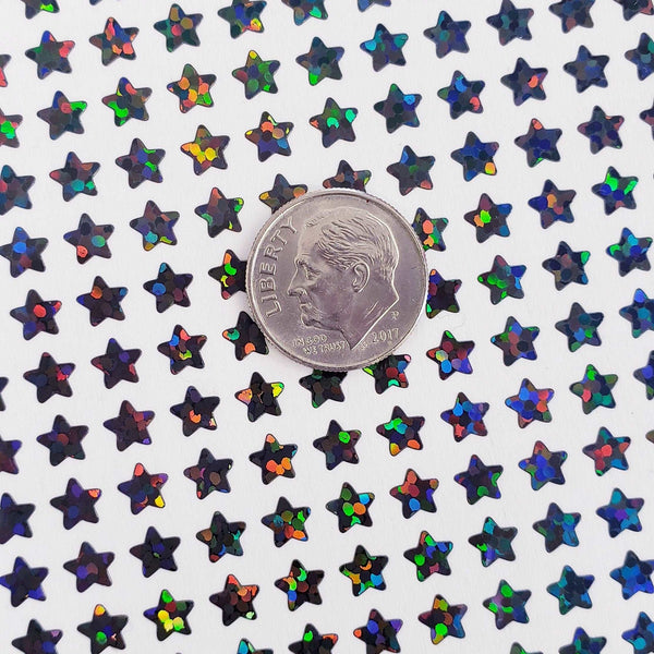 Extra Small Star Stickers, set of 490 black holo deco glitter star stickers for journals, notebooks, toploader card sleeves and planners.