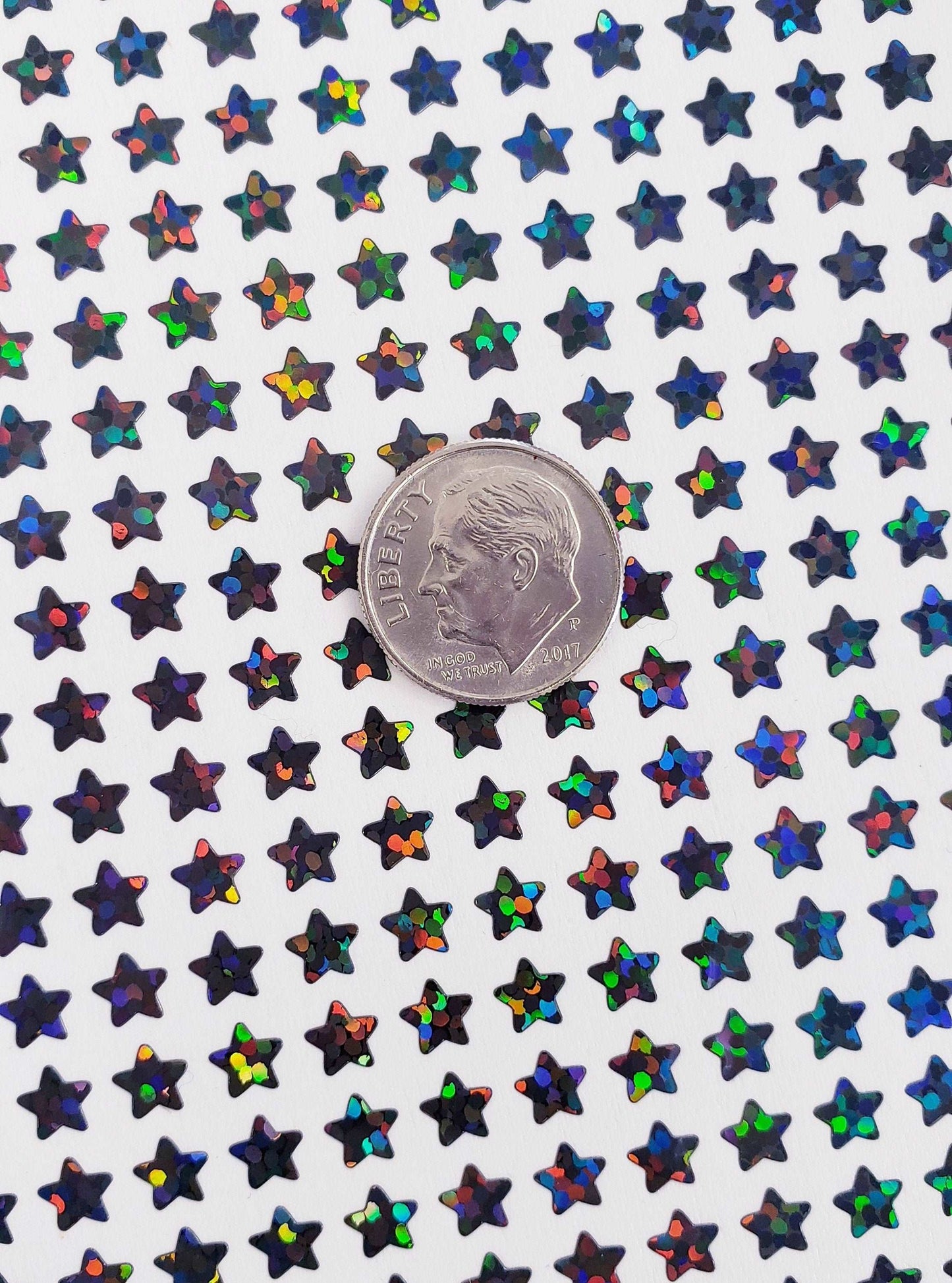 Extra Small Star Stickers, set of 490 black holo deco glitter star stickers for journals, notebooks, toploader card sleeves and planners.