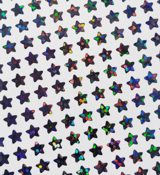 Extra Small Star Stickers, set of 490 black holo deco glitter star stickers for journals, notebooks, toploader card sleeves and planners.