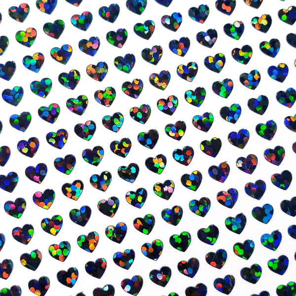 Heart Stickers, set of 640 extra small black glitter holo deco stickers for journals, notebooks, toploader card sleeves and planners.