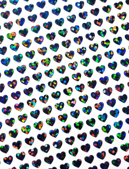 Heart Stickers, set of 640 extra small black glitter holo deco stickers for journals, notebooks, toploader card sleeves and planners.