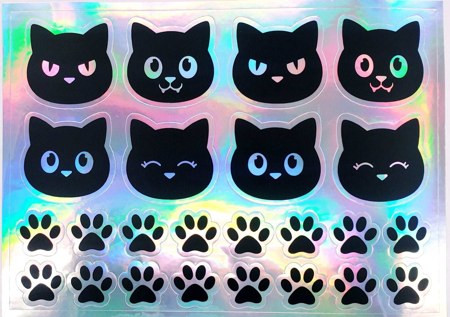 Cute Cat Sticker Sheet, black and silver holographic stickers of cats and pawprints