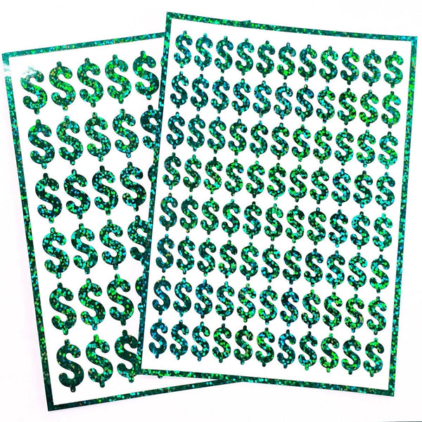 Dollar Sign Money Stickers for household budgets, financial planning and cash stuffing envelopes. Set of 88 small green glitter dollar signs
