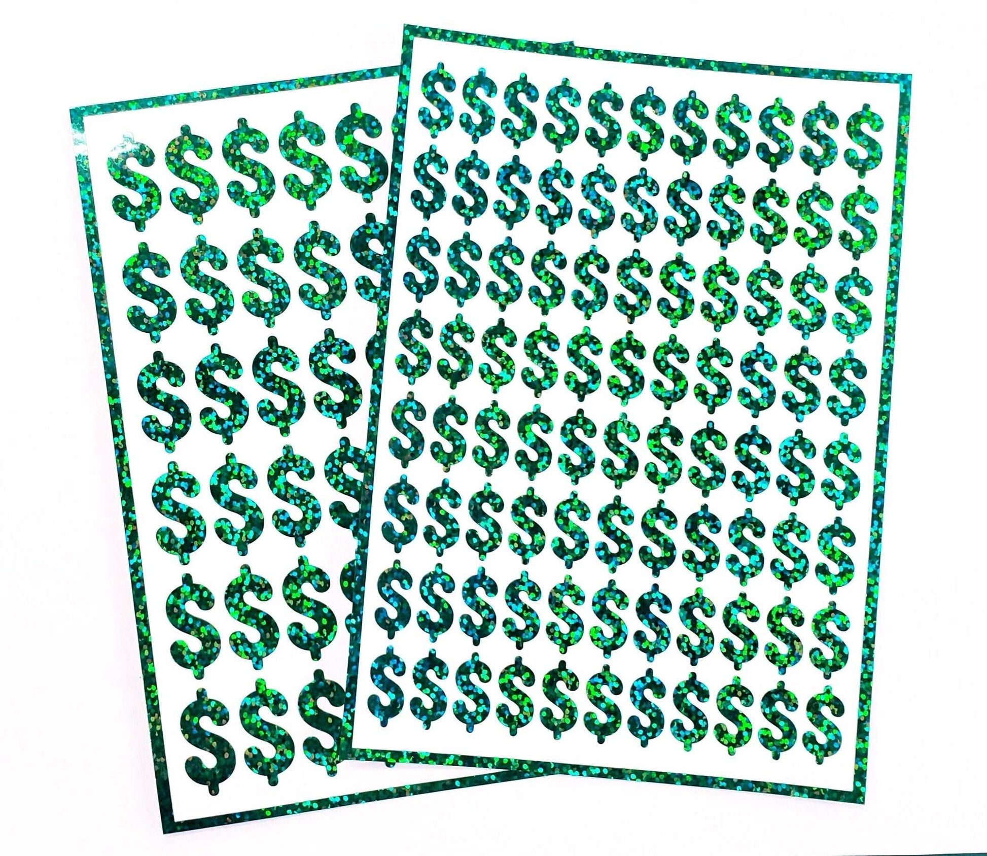 Dollar Sign Money Stickers for household budgets, financial planning and cash stuffing envelopes. Set of 88 small green glitter dollar signs