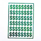 Dollar Sign Money Stickers for household budgets, financial planning and cash stuffing envelopes. Set of 48 green glitter dollar signs.