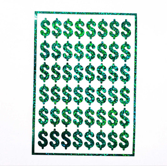 Dollar Sign Money Stickers for household budgets, financial planning and cash stuffing envelopes. Set of 48 green glitter dollar signs.