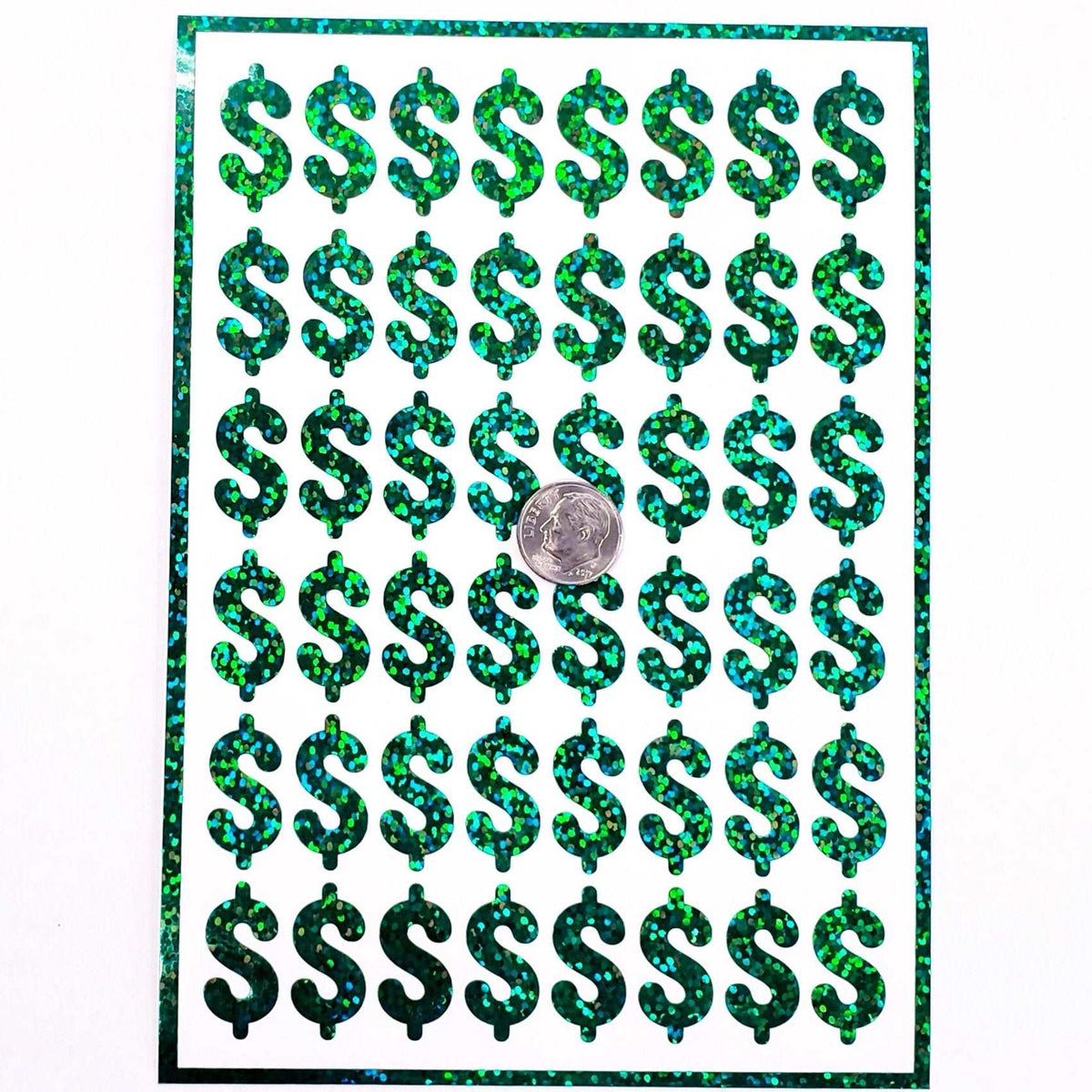 Dollar Sign Money Stickers for household budgets, financial planning and cash stuffing envelopes. Set of 48 green glitter dollar signs.
