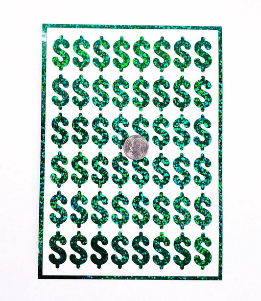 Dollar Sign Money Stickers for household budgets, financial planning and cash stuffing envelopes. Set of 48 green glitter dollar signs.