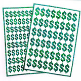 Dollar Sign Money Stickers for household budgets, financial planning and cash stuffing envelopes. Set of 48 green glitter dollar signs.